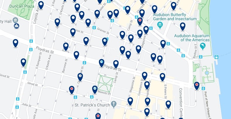 Accommodation in Downtown New Orleans - Click on the map to see all available accommodation in this area