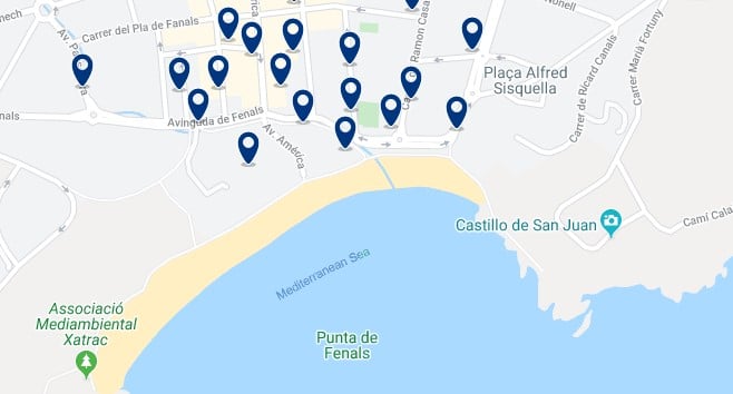 Alojamiento en Platja de Fenals - Clica sobre el mapa para ver todo el alojamiento en esta zona