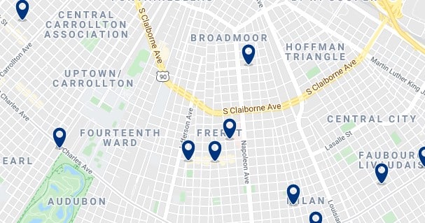 Alojamiento en Uptown New Orleans - Clica sobre el mapa para ver todo el alojamiento en esta zona