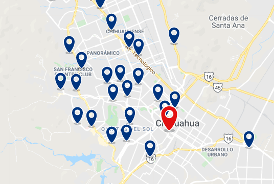 Accommodation in Chihuaha City Center - Click on the map to see all available accommodation in this area