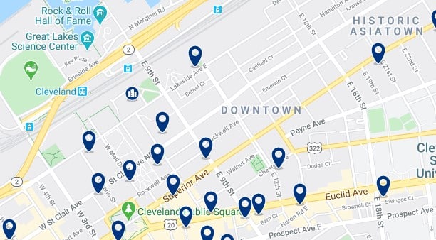 Accommodation in Downtown Cleveland - Click on the map to see all available accommodation in this area