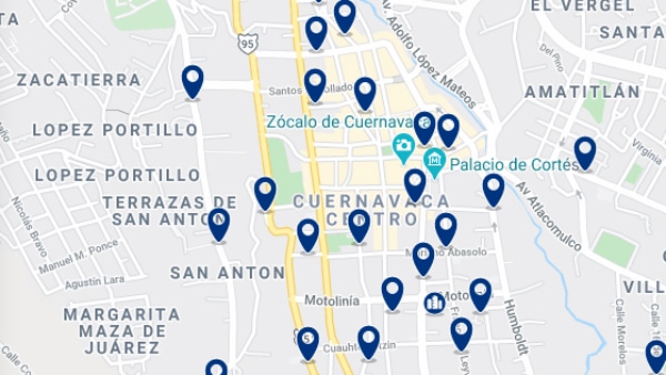 Accommodation in Cuernavaca City Center – Click on the map to see all available accommodation in this area