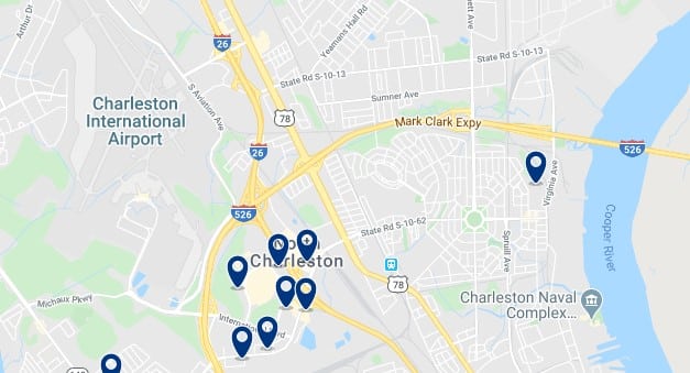 Alojamiento cerca del aeropuerto de Charleston - Clica sobre el mapa para ver todo el alojamiento en esta zona