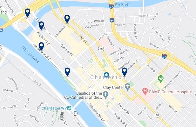 Accommodation in Downtown Charleston - Click on the map to see all available accommodation in this area