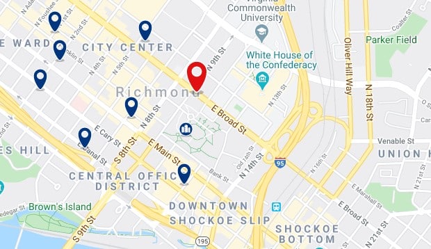 Accommodation in Downtown Richmond - Click on the map to see all available accommodation in this area