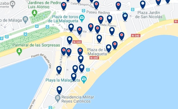 Accommodation in La Malagueta - Click on the map to see all available accommodation in this area