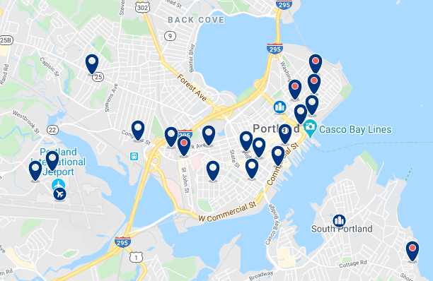 Accommodation in Downtown Portland - Click on the map to see all available accommodation in this area