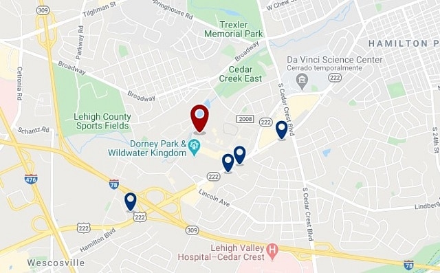 Alojamiento cerca de Dorney Park Wildwater Kingdom - Clica sobre el mapa para ver todo el alojamiento en esta zona