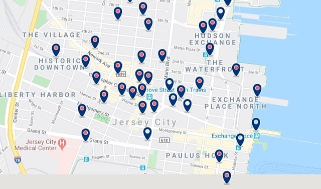 Accommodation in Downtown Jersey City - Click on the map to see all available accommodation in this area