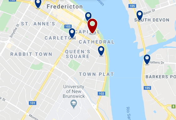 Accommodation in Fredericton City Centre - Click on the map to see all available accommodation in this area