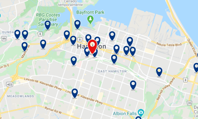 Accommodation in Downtown Hamilton - Click on the map to see all available accommodation in this area