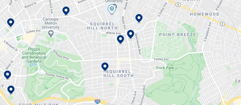 Accommodation in Squirrel Hill - Click to see all the available accommodation on a map