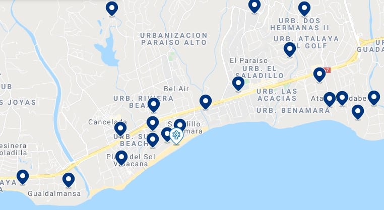 Accommodation near Saladillo Beach and Estepona golf courses - Click on the map to see all the accommodation in this area