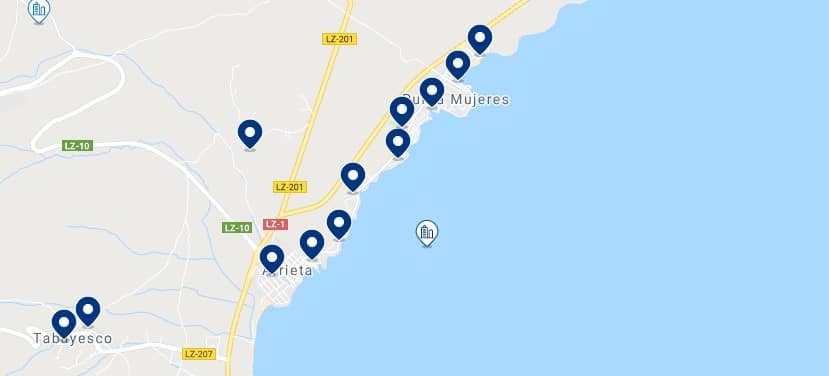 Accommodation in Arieta & Punta Mujeres - Click on the map to see all the available accommodation in this area