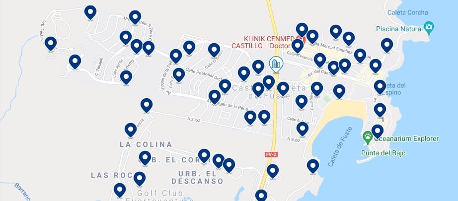 Accommodation in Caleta de Fuste - Click on the map to see all the available accommodation in this area