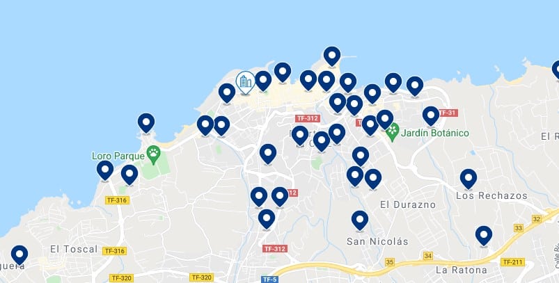 Accommodation in Puerto de la Cruz – Click on the map to see all the available accommodation in this area