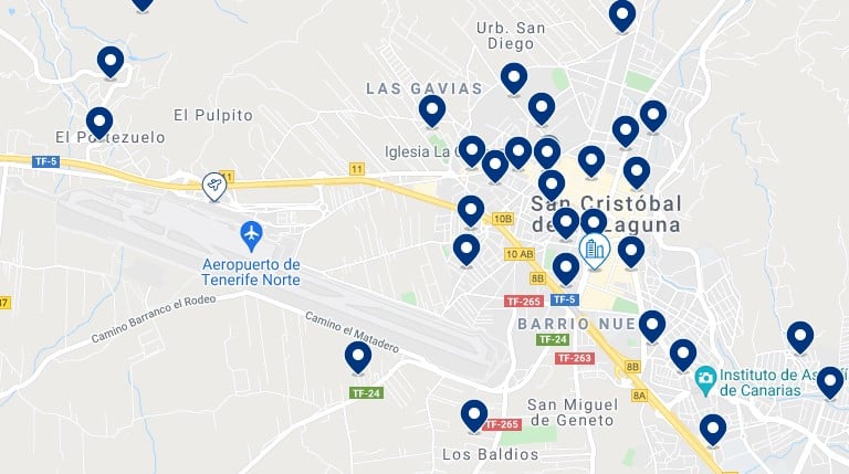 Accommodation in San Cristóbal de La Laguna – Click on the map to see all the available accommodation in this area