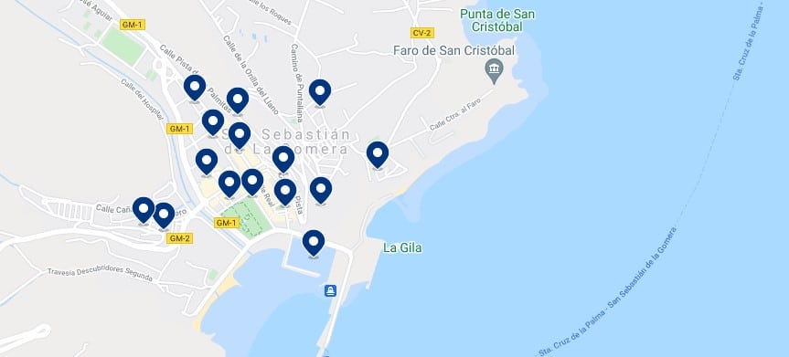 Accommodation in San Sebastián de La Gomera - Click on the map to see all the available accommodation in this area