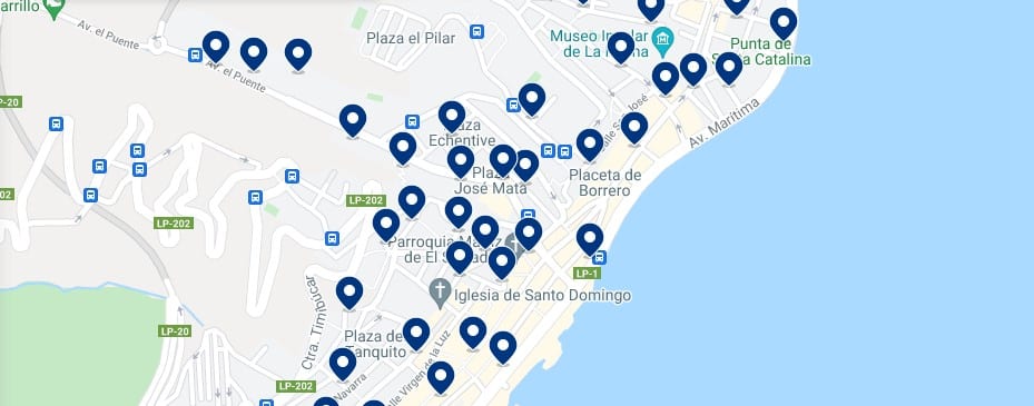Accommodation in Santa Cruz de La Palma - Click on the map to see all the available accommodation in this area