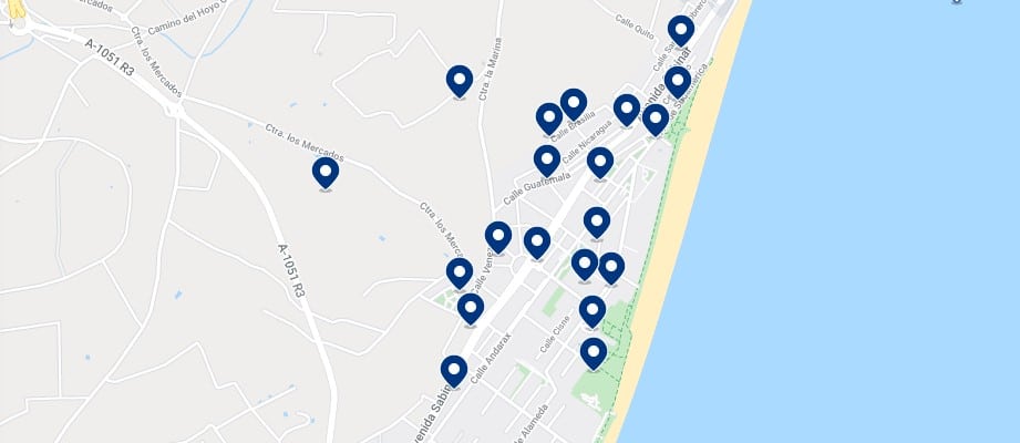 Accommodation in Playa La Bajadilla & Urb Roquetas – Click on the map to see all the available accommodation in this area