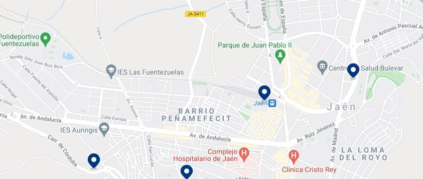 Accommodation around Jaén Railway Station – Click on the map to see all the available accommodation in this area