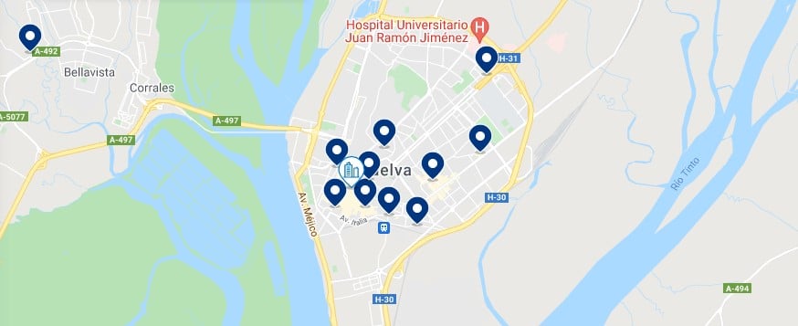 Accommodation in Huelva City – Click on the map to see all the available accommodation in this area