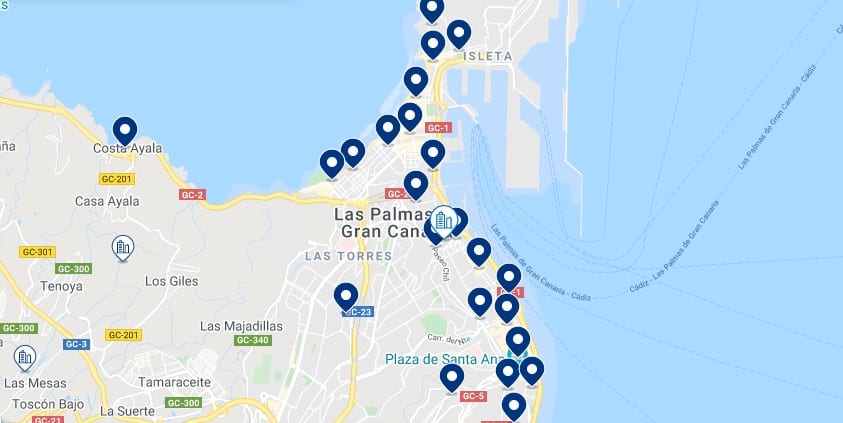Accommodation in Las Palmas de Gran Canaria – Click on the map to see all the available accommodation in this area