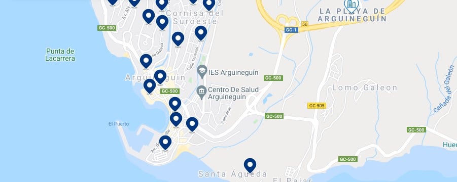 Accommodation in Playa de Arguineguín – Click on the map to see all the available accommodation in this area