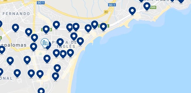 Accommodation in Playa del Inglés – Click on the map to see all the available accommodation in this area