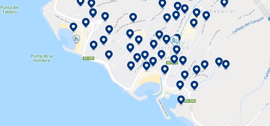 Accommodation in Puerto Rico de Gran Canaria – Click on the map to see all the available accommodation in this area