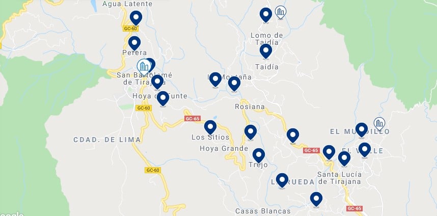 Accommodation in San Bartolomé de Tirajana – Click on the map to see all the available accommodation in this area