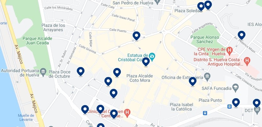 Accommodation in Huelva's Historic City Centre – Click on the map to see all the available accommodation in this area