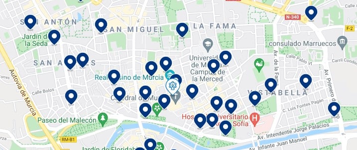 Accommodation in Murcia's Historic City Centre – Click on the map to see all the available accommodation in this area