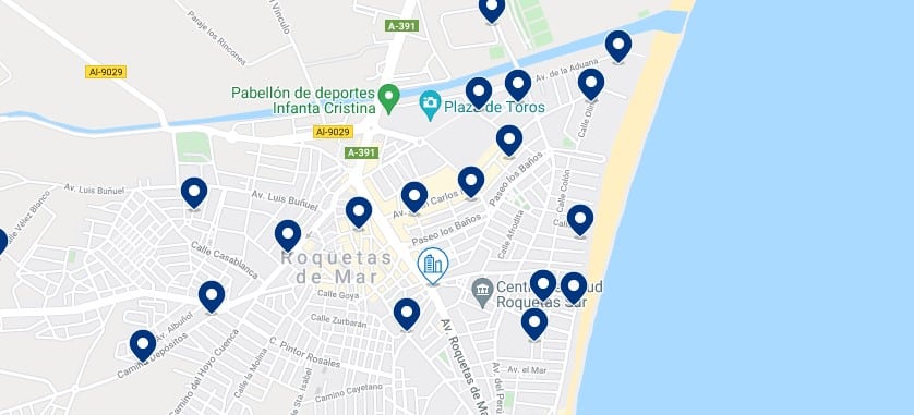 Accommodation in central Roquetas de Mar & Playa La Romanilla – Click on the map to see all the available accommodation in this area