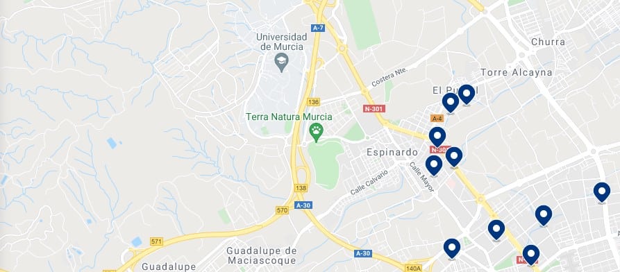 Accommodation in North Murcia – Click on the map to see all the available accommodation in this area