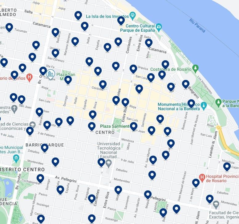Centro de Rosario - Mapa de alojamientos