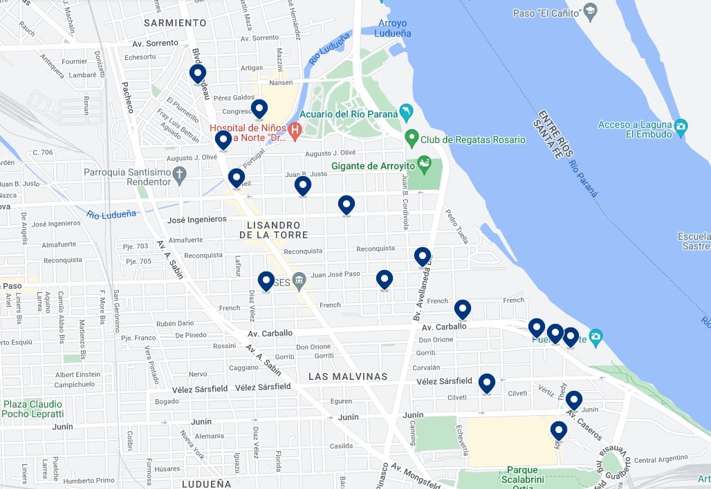 Zona Norte de Rosario - Mapa de alojamientos